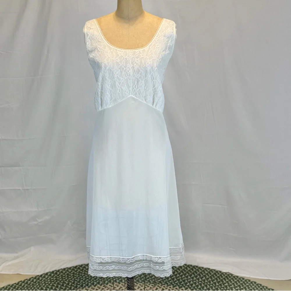 VINTAGE 70s white lace full dress slip nightgown lingerie layer midi plus‎ size - Picture 8 of 13